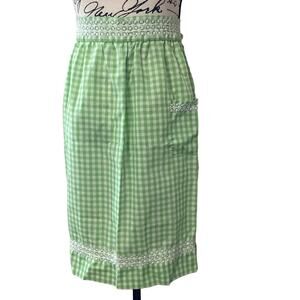 Vintage Hand Stitched Gingham Half Apron Embroidery Patch Pocket Handmade Retro